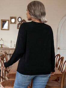 SHEIN LUNE Plus Color Block Drop Shoulder Sweater - Black - View 2