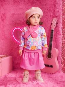 Baby Mädchen T-Shirt mit Stehkragen, Rock und Schal mit Cartoon Grafik