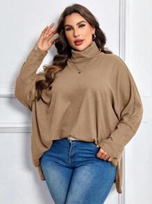 SHEIN LUNE Plus Turtleneck Batwing Sleeve Sweatshirt - Camel - View 1