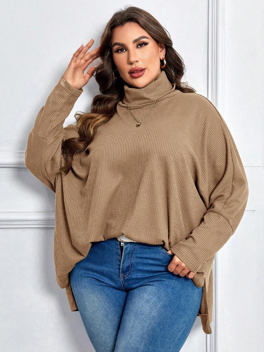 SHEIN LUNE Plus Turtleneck Batwing Sleeve Sweatshirt - Camel - View 1