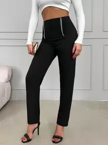 EURMUSE High Waist Chain Detail Zip Fly Pants - Black - View 3