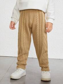 SHEIN 男小童休閒針織羅紋袖口運動褲在素色卡其色,濃烈香調和多用途,合適的適用於秋天和冬天