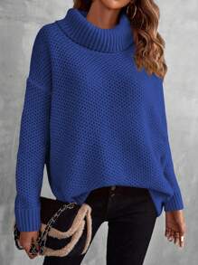 SHEIN LUNE 高领落肩针织衫，长袖套头衫，秋冬毛衣 - 寶藍色 - 查看 5