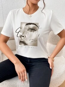 SHEIN Essnce Áo thun nữ Con số Slogan Giải trí - trắng - Xem 4