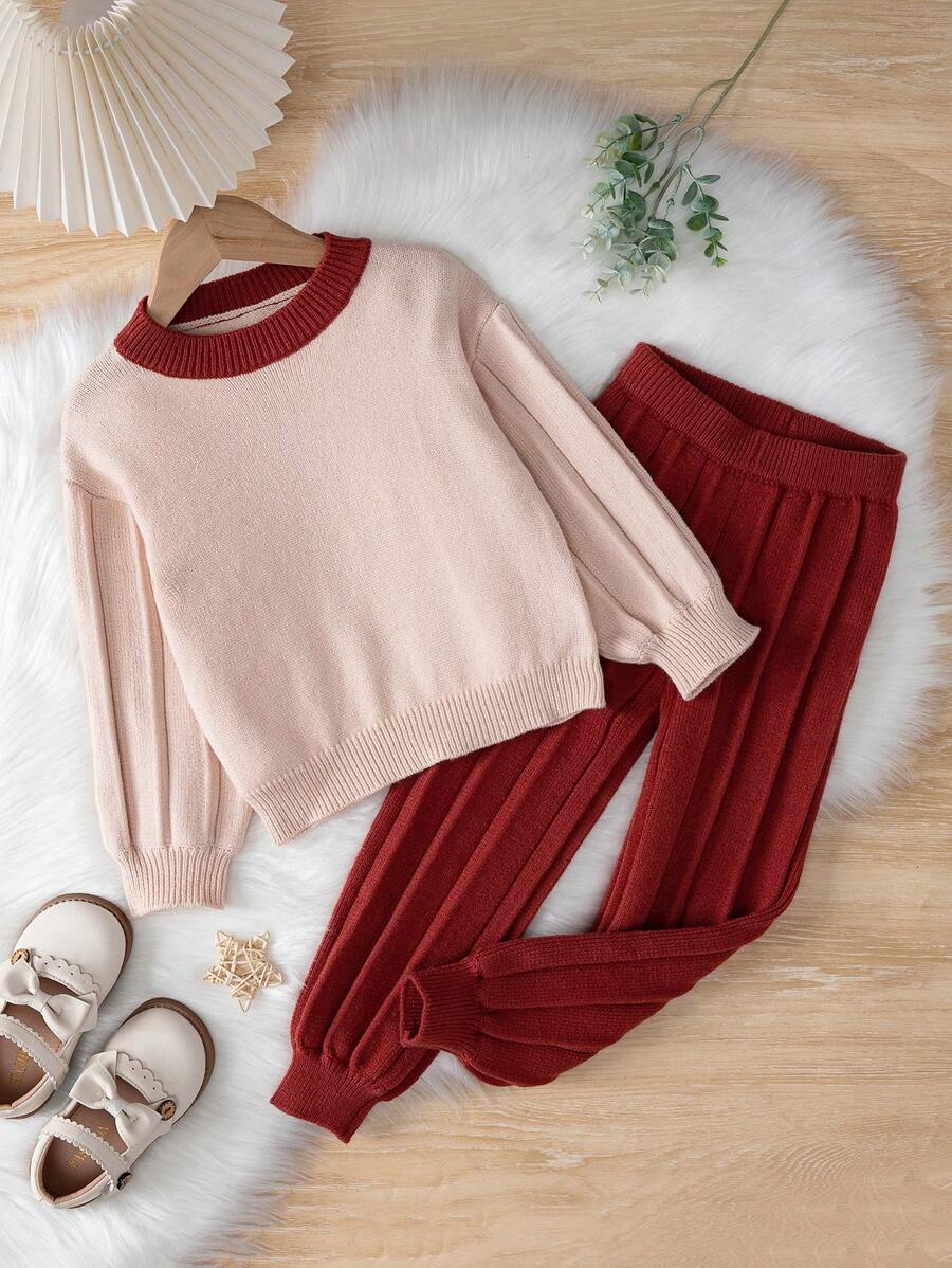 SHEIN Young Girl Contrast Trim Sweater & Pleated Sweater Pants - Beige - View 1