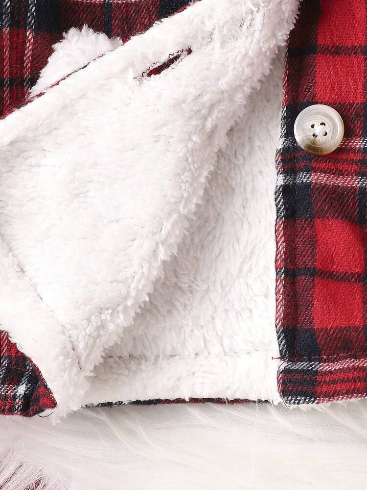 Baby Girl Tartan Double Breasted 3D Ear Design Teddy Lined Hooded Coat for Christmas