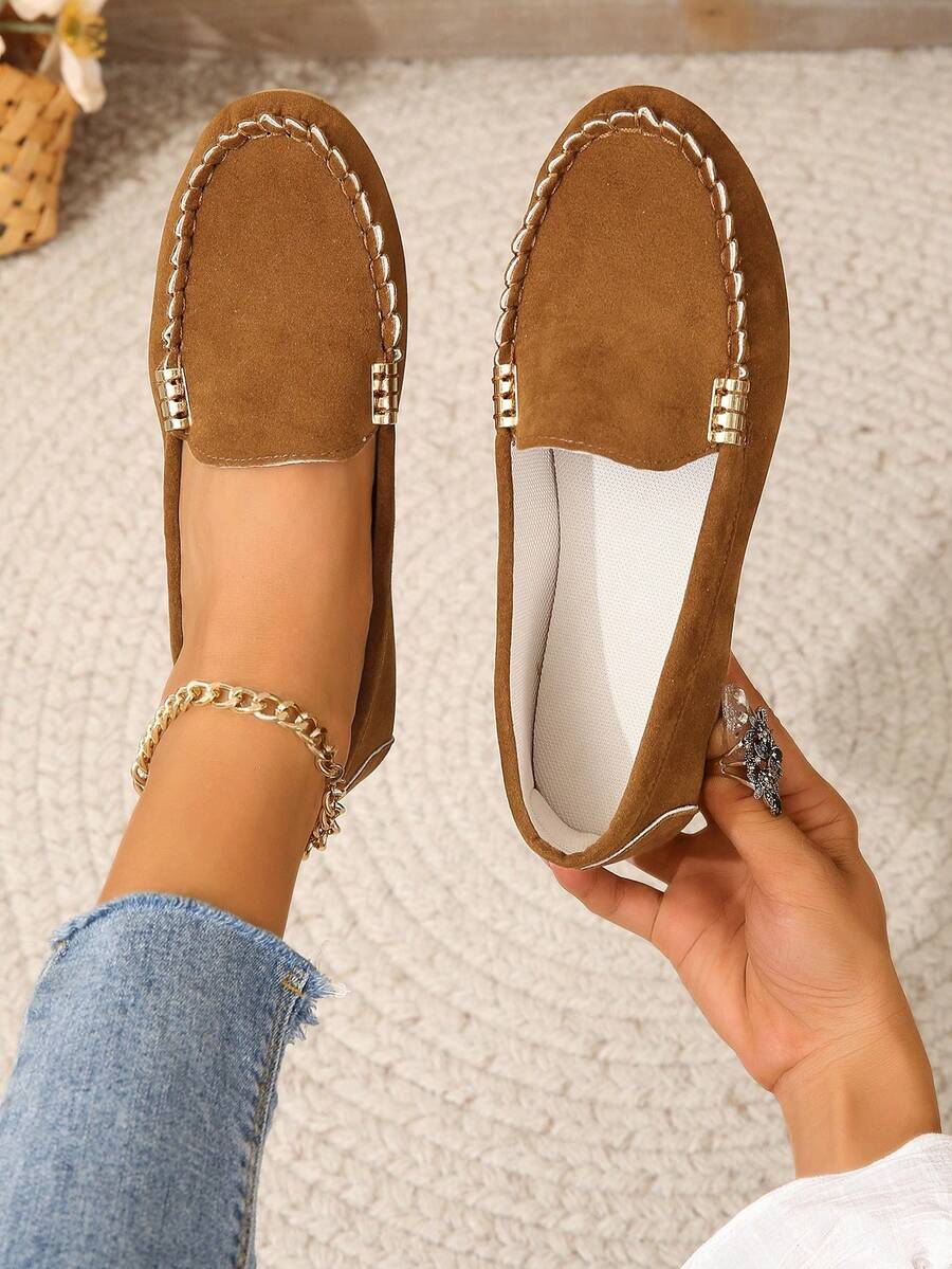 韓語女性2021春天/秋天平底樂福鞋,圓頭一腳蹬鞋,麝皮鞋適合女士和孕婦,一腳,大尺寸鞋,女士們休閒和方便鞋 - 棕色 - 查看 1