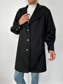 EURMUSE Lapel Neck Single Breasted Trench Coat - Black - View 5