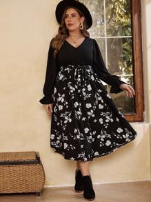 SHEIN VCAY 大碼印花喇叭袖繫腰帶洋裝 - 彩色 - 查看 2