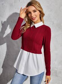 SHEIN Clasi Two Tone 2 In 1 Ribbed Knit 2 In 1 Top - Burgundy - View 2