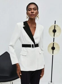 Maija Contrast Panel Flap Detail Blazer With Belt - Black and White - View 1