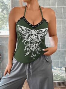 SHEIN ICON Plus Skull Print Grommet Detail Halter Top - Green - View 3