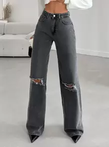 EURMUSE Ripped Wide Leg Jeans - Dark Grey - View 6