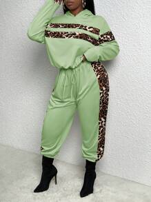 Slaydiva Plus Leopard Print Drop Shoulder Hoodie & Sweatpants - Mustard Yellow - View 1