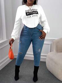 Slaydiva Plus Letter Graphic Drop Shoulder Sweatshirt - White - View 3