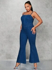 SHEIN BAE 大碼喇叭牛仔吊帶連體褲 - 藍色 - 查看 5