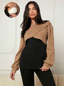 SHEIN Maternity Drop Shoulder Wrap Front 2 In 1 Nursing Sweatshirt - Khaki - View 1