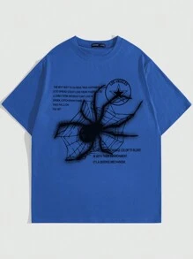ROMWE MEN Goth Hombres Camiseta de hombros caídos telaraña & con estampado de slogan - Azul - Ver 1
