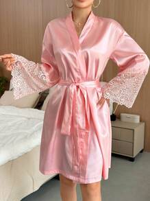 Contrast Lace Trumpet Sleeve Belted Satin Robe - Pink - View 4