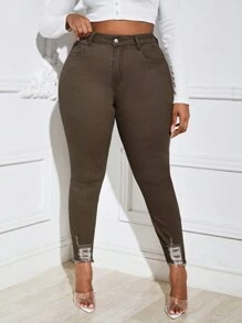 SHEIN Frenchy 大碼破洞毛邊緊身牛仔褲 - 棕色 - 查看 1