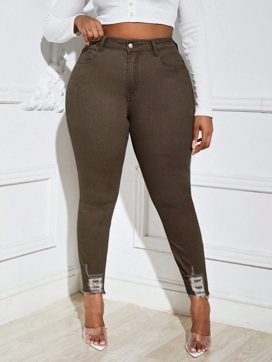 SHEIN Frenchy 大碼破洞毛邊緊身牛仔褲 - 棕色 - 查看 1