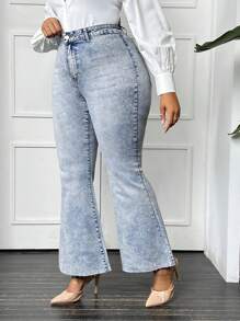 SHEIN LUNE 大碼高腰牛仔喇叭褲 - 淺色水洗藍 - 查看 3