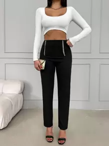 EURMUSE High Waist Chain Detail Zip Fly Pants - Black - View 5