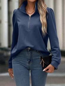 SHEIN Clasi Half Zip Puff Sleeve Sweatshirt - Navy Blue - View 4