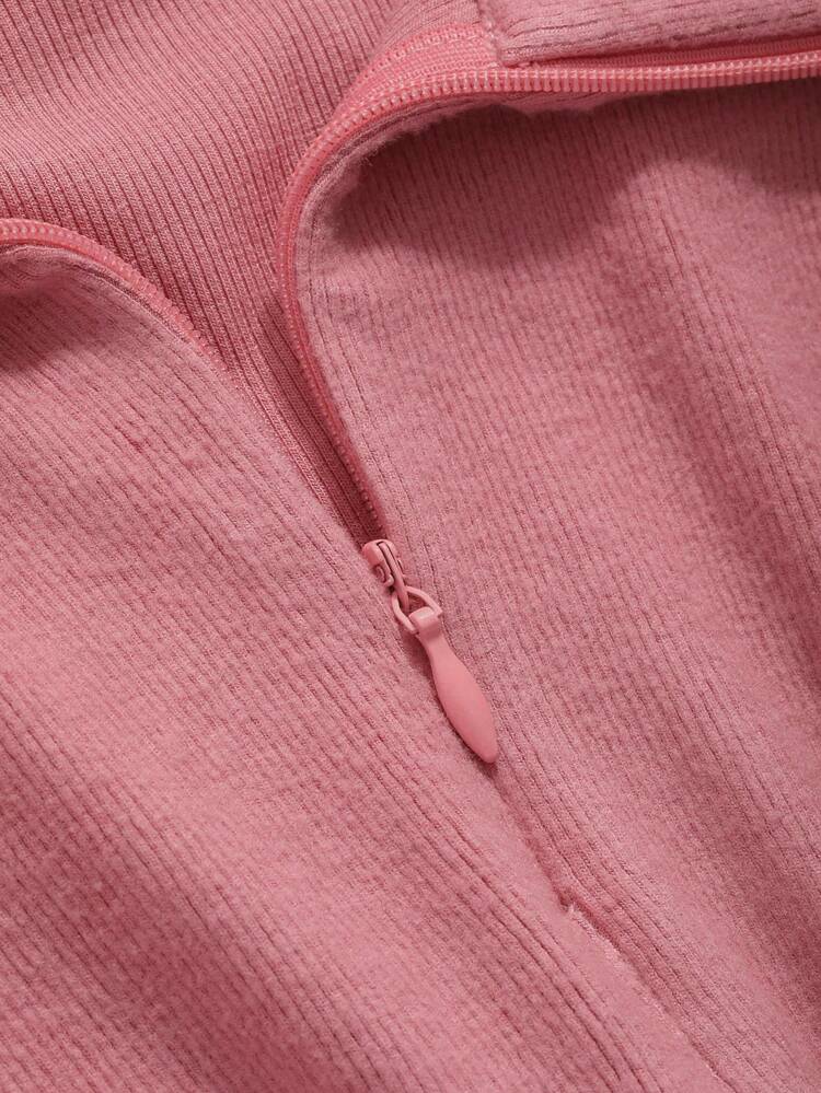 Solid Zipper Front Curved Hem Tee,Fall Clothes Long Sleeve Women Tops