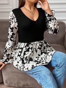 SHEIN Franclia Hơn In hoa tay áo lá sen Áo Peplum - màu đen - Xem 5