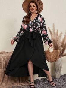 SHEIN VCAY 大碼印花燈籠袖繫腰帶洋裝 - 彩色 - 查看 2