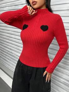 SHEIN Unity Tu bổ trái tim Chi tiết Cổ giả Dây kéo mặt trước Áo len - Đỏ - Xem 5