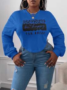 Slaydiva 大碼字母圖案落肩袖短款運動衫 - 寶藍色 - 查看 5