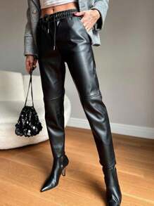 EURMUSE Drawstring Waist PU Leather Pants - Black - View 4