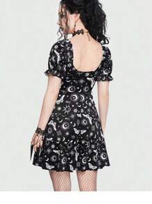 ROMWE Goth Galaxy Print Tie Front Puff Sleeve Dress - Black and White - View 2
