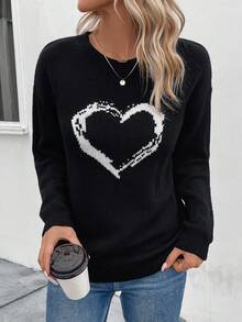 SHEIN LUNE 愛心圖案落肩袖套頭毛衣 - 黑色 - 查看 5