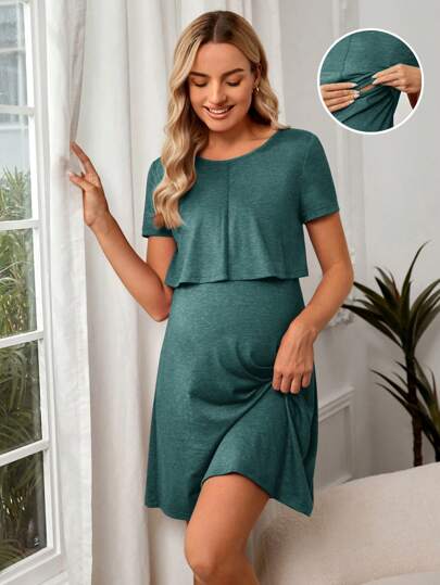 SHEIN Maternity Solid Nursing Detail Tee Dress