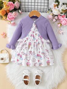 女嬰荷葉邊荷葉袖夾克&獨角獸印花洋裝 - 紫色 - 查看 5