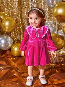 SHEIN Baby Girl Statement Collar Lantern Sleeve Velvet Dress - Hot Pink - View 8