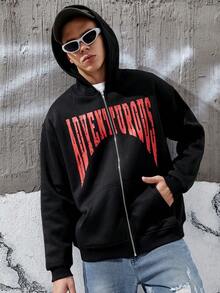 Manfinity Hypemode Men's Loose Fit Letter Print Zipper Closure Hoodie With Drop Shoulder Design - Black - View 5