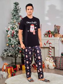 男士圣诞圣诞老人与口号图案睡衣套装/睡衣套装 - 彩色 - 查看 1