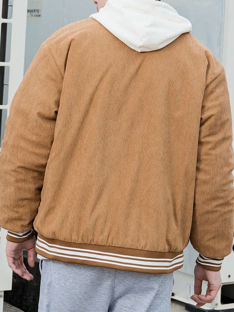 Loose Fit Men's Embroidered Slogan Detail Jacket With Striped Trim