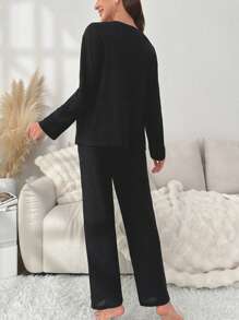 SHEIN 孕妇罗纹针织纽扣前襟休闲套装，秋季服装 - 黑色 - 查看 2