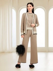 Mulvari 拼接邊開襟衫&針織上衣和針織褲 - 杏色 - 查看 3