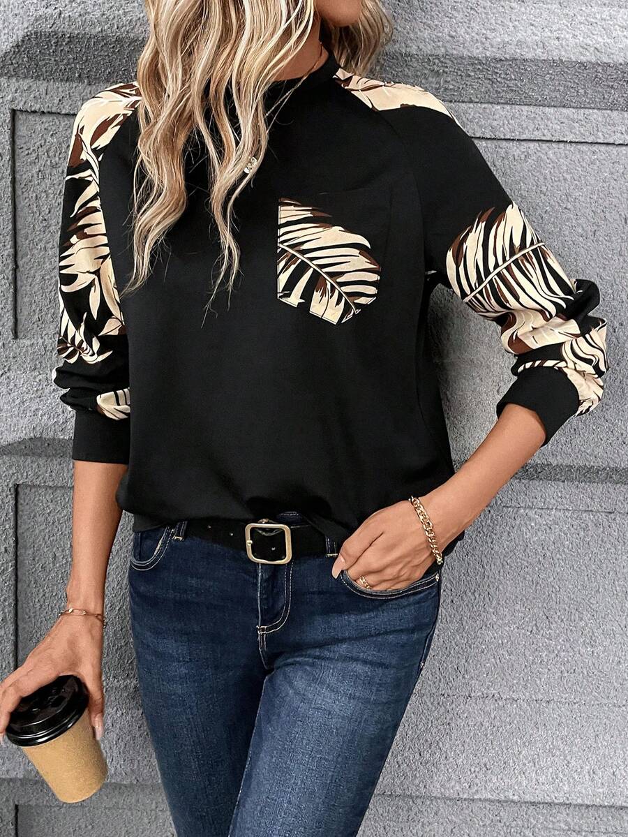 SHEIN Frenchy 熱帶圖案插肩袖補丁貼口袋運動衫 - 黑色 - 查看 1
