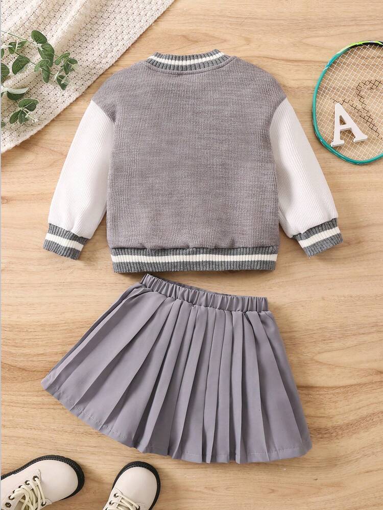 Young Girl Letter Patched Striped Trim Varsity Jacket & Pleated Skirt