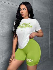 Slaydiva Letter Graphic Tee & Biker Shorts - Green - View 4