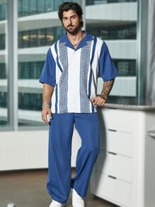 Manfinity Homme 男士大码幾何印花襯衫和褲子 - 藏蓝色 - 查看 4