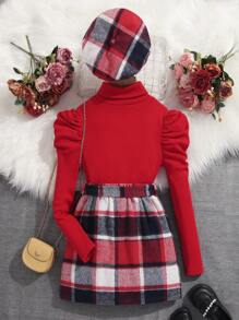 SHEIN 女大童高領羊腿袖T恤&格紋印花腰帶半身裙&帽適用於聖誕 - 紅色 - 查看 2