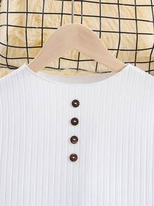 SHEIN Cô gái Tween Chi tiết Nút Đồ đan Ribbed Áo thun - trắng - Xem 5